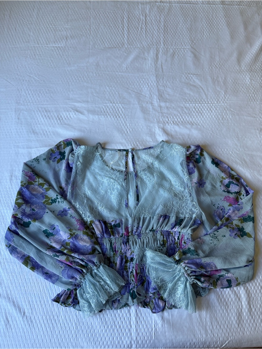 Free People Sheer Lace-Yoke Smocked Floral Blouse in Light Blue - Picture 5 of 11